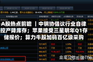 A股热点前瞻 ｜中钢协倡议行业自律控产降库存；苹果接受三星明年Q1存储报价；算力牛股加码百亿级采购